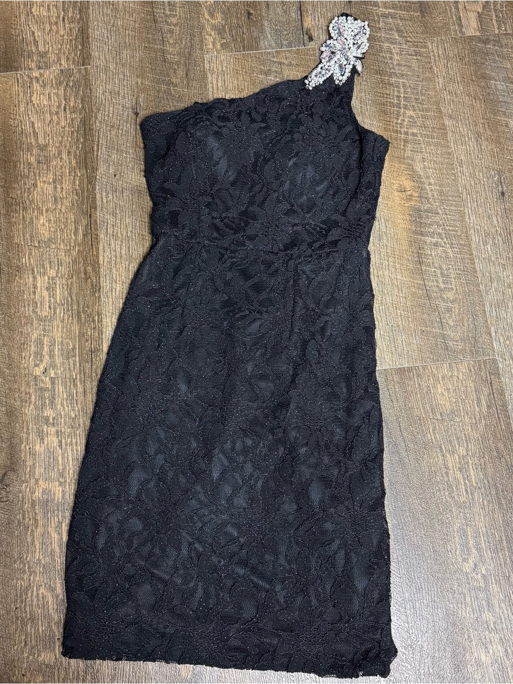 Elegant Black Midnight Lace Sparkle Sheath one shoulder dress
